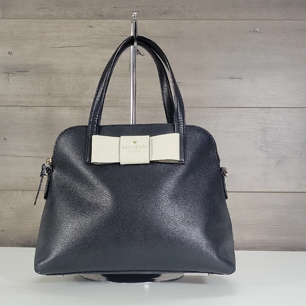 kate spade Black Leather Satchel with Ivory Bow Accent